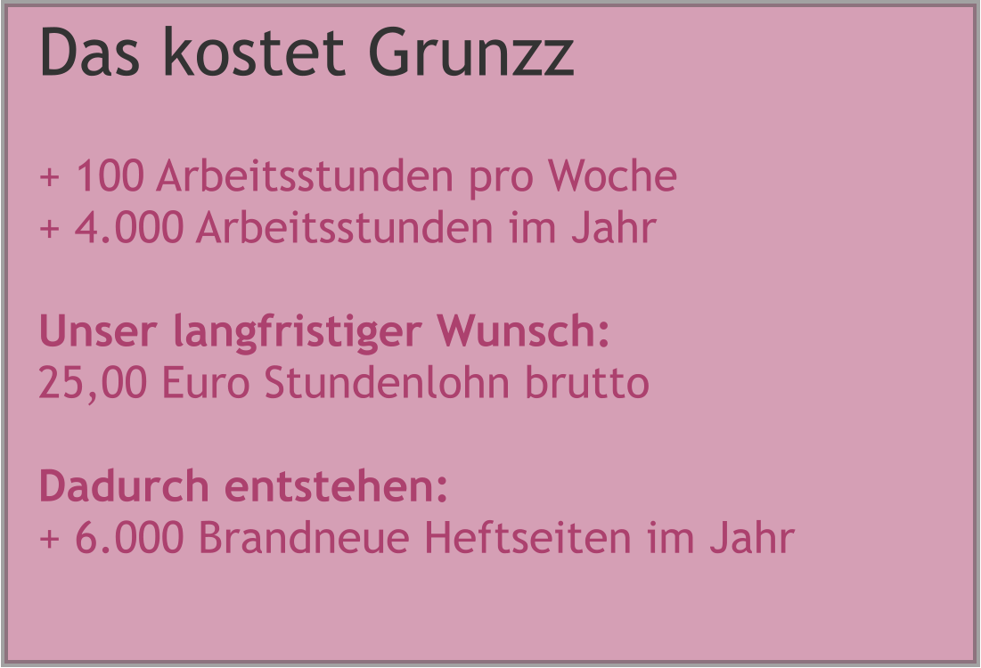 Das kostet Grunzz  + 100 Arbeitsstunden pro Woche + 4.000 Arbeitsstunden im Jahr  Unser langfristiger Wunsch: 25,00 Euro Stundenlohn brutto  Dadurch entstehen: + 6.000 Brandneue Heftseiten im Jahr